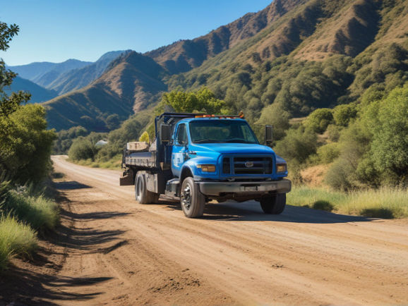 A scenic mountain landscape with lush greenery and clear blue skies. A tow truck is parked on a dirt road, prepared to assist vehicles exploring San Jose's mountainous terrain.
