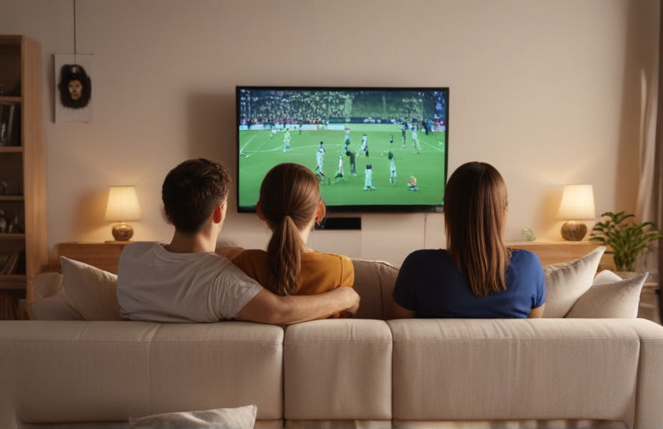 Three people sit on a couch, facing a TV screen showing a soccer match in a warmly lit living room.