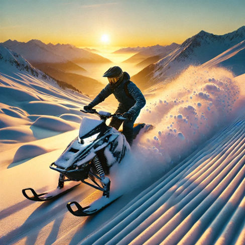 A rider on a snow-covered Timbersled bike crossing a pristine mountain trail at sunrise.