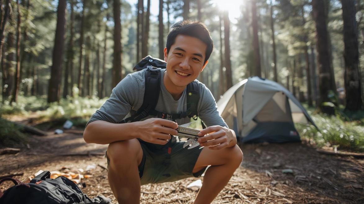 Adventurer happily adjusting camping gear with Leatherman multi-tool in forest clearing.