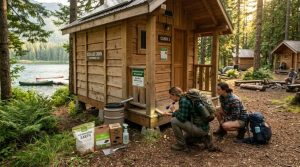 An eco-friendly outdoor adventure campsite near a forest lake with hikers inspecting a clean cabin for pests through sustainable pest management 